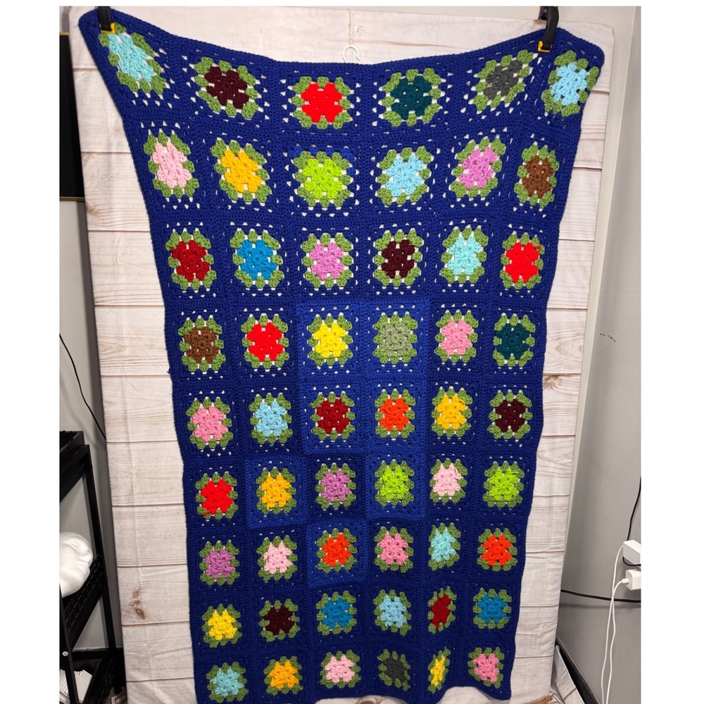 Vintage Handmade Crochet Granny Square Blanket Royal Blue Multi Color Boho Throw
